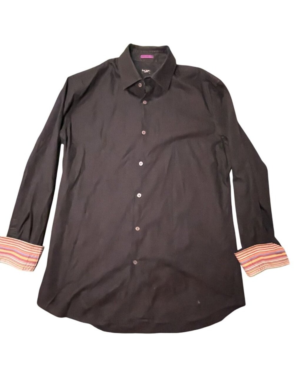 Paul Smith Mens Black Button-Up Shirt With Striped Cuffs Made In Italy Size 15.5